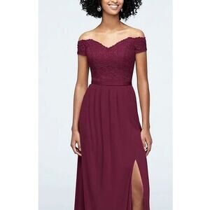 NWT David’s Bridal Off-the-Shoulder Lace Bridesmaid Dress Size 8 Wine Red Formal